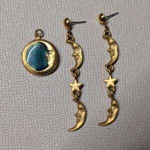 Gold and Blue Enamel Moon and Star Earrings and Pendant Locket Set Vintage